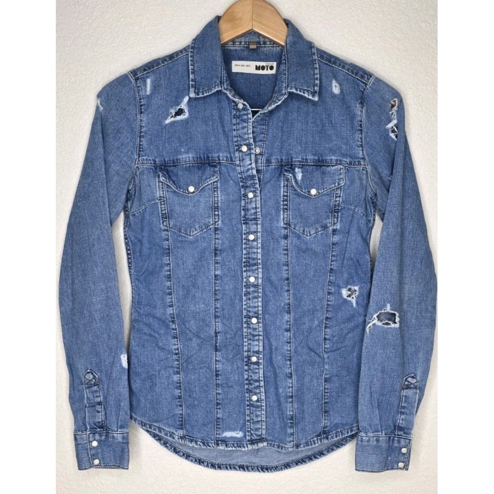Topshop Moto Women 2 Distressed Pearl Snap Denim Long Sleeve Grunge Shirt Rodeo